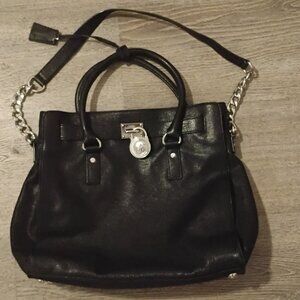 Michael Kors Black Leather Satchel/Tote with Chain Strap - Silver Hardware